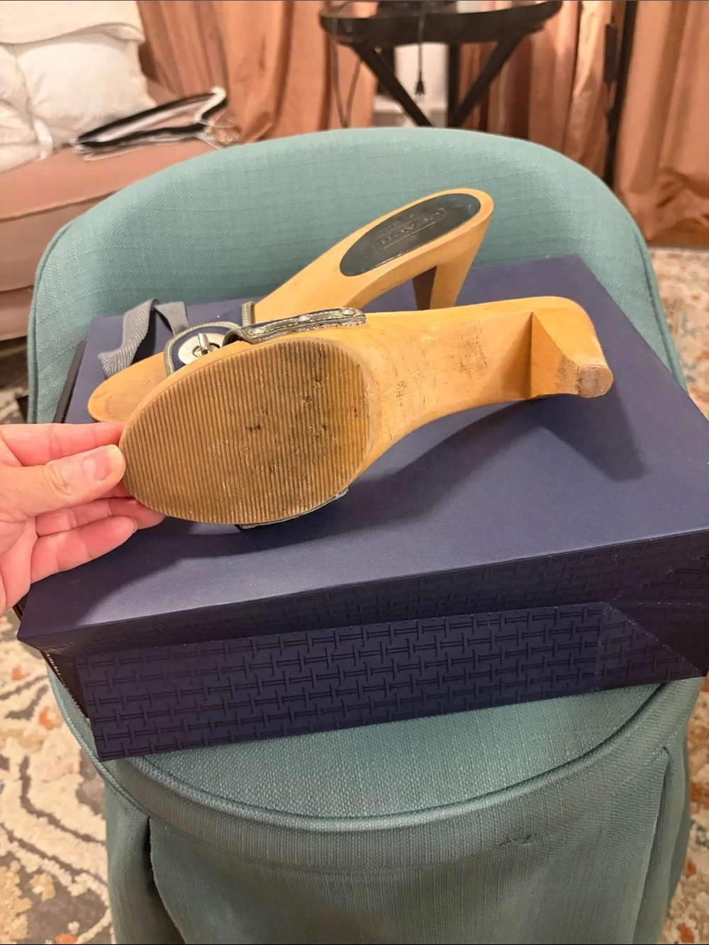 Coach Navy Blue Leather Wood-Soled Slide Mules with Silver Logo